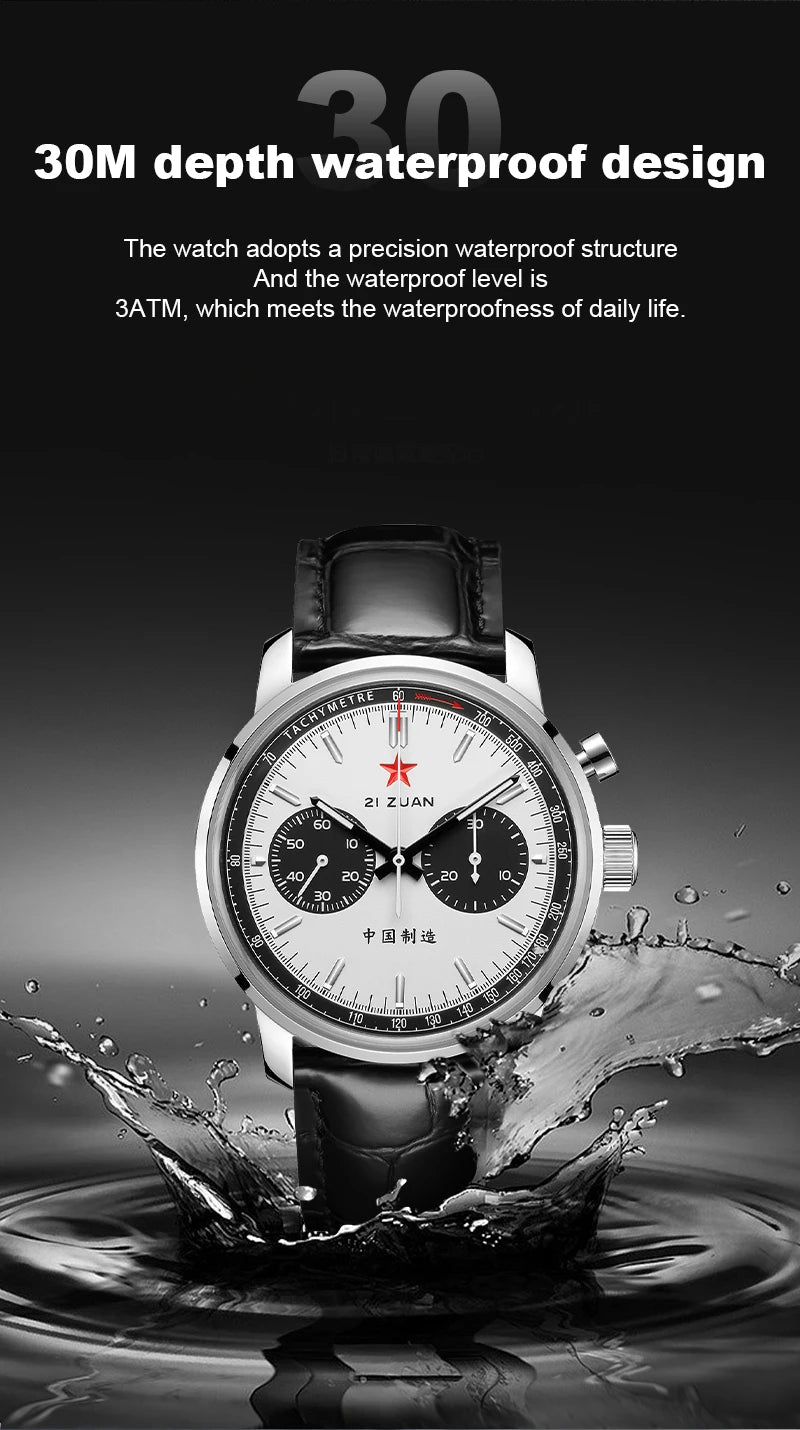 Red Star Panda Mens 1963 Chronograph Mechanical Wristwatch Seagull st1901 Movement Gooseneck 40mm Luminous Sapphire Pilot Watch