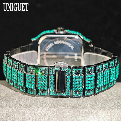 UNIGUET Cool Men's Watch Luxury Stainless Steel Quartz Watch Hip Hop Black Diamond Square Design Fashion Iced Wristwatch for Men