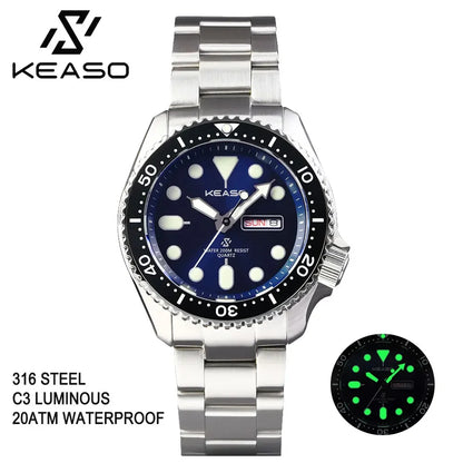 KEASO Top Men's Dive Watch C3 Super Luminous 316L Solid Steel 20Bar Waterproof Sapphire Mirror MIYOTA 2035 Quartz Movement Watch