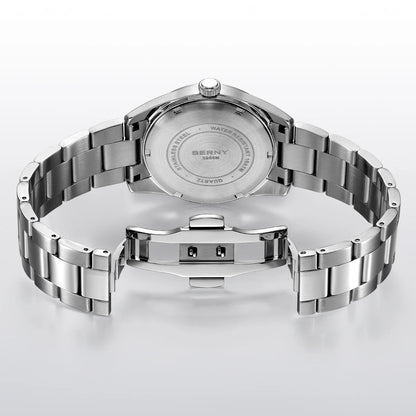 Reloj para hombre BERNY – Reloj de cuarzo, cristal de zafiro, agujas luminiscentes, resistente al agua hasta 10 ATM, fabricado íntegramente en acero inoxidable – Estilo elegante y desenfadado, ideal para el día a día o para ocasiones profesionales