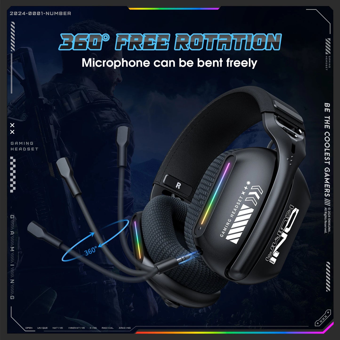 Onikuma Gt808 Three Modes with Mic E-Sports Wireless Gaming Headset Rgb Lighting Supports Bluetooth 5.3 / 2.4g / Aux 3.5mm