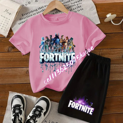 Sommerliches Fortnite-Kinder-Set: T-Shirt und Shorts, 2-teilig, Anime-Design, kurzärmelig, aus Baumwolle, lässige Sportbekleidung, Geschenkidee