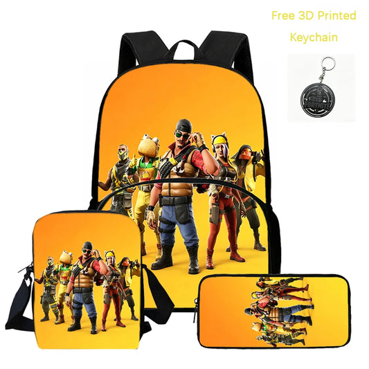 FORTNITE 3-Piece Lightweight Backpack Set with Front Pocket, Crossbody Bag & Pencil Case for Ages 5-9 Boys and Girls, Includes Free 3D Printed Keychain