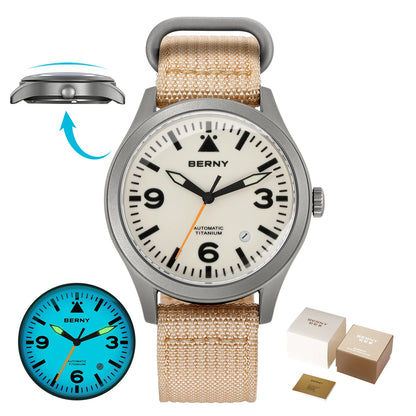 BERNY Aviation Top Titanium Mechanical Men Watch Sapphire AR Coating Supper Luminous 10Bar Sport Watch Titanium Aviation Watches