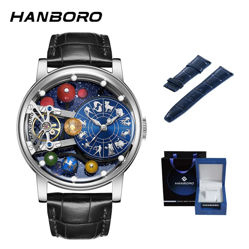 Montre mécanique automatique pour homme, modèle « Ciel étoilé » : design squelette, style constellation, boîtier en acier inoxydable, affichage en relief, fonction luminescente et étanchéité.