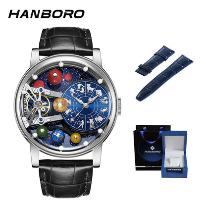 Montre mécanique automatique pour homme, modèle « Ciel étoilé » : design squelette, style constellation, boîtier en acier inoxydable, affichage en relief, fonction luminescente et étanchéité.