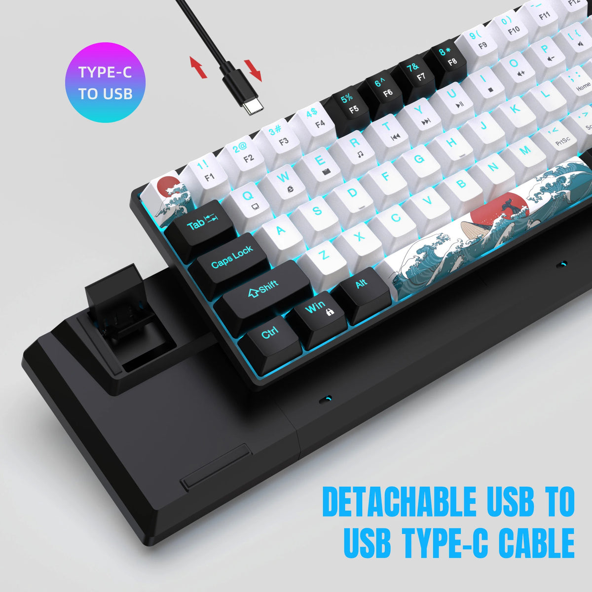 Mechanical Gaming Keyboard 68 Keys, Blue Switches & Multi-colored, Detachable Type-C Mini Gaming Keyboard