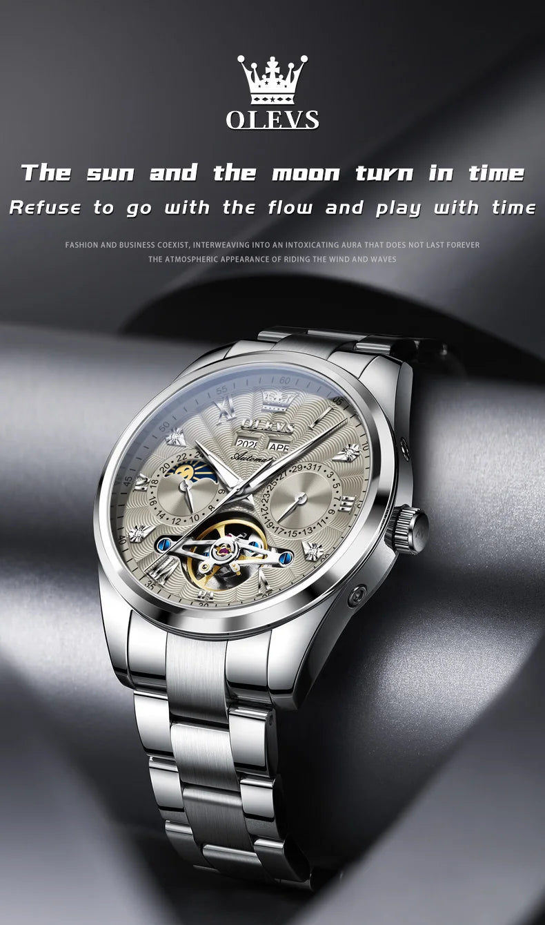 OLEVS 7028 Automatic Mechanical Men's Watch Tourbillon Dial Multifunctional Date Waterproof Luminous Watch for Men