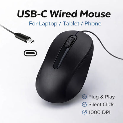 USB C Wired Mouse Silent Click 1000DPI Type-C Mouse For Laptop/Tablet/Phone Compatible with Mac/Windows/Android Plug and Play
