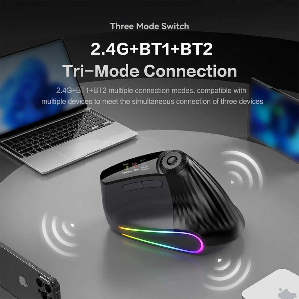 Backlit Wireless Ergonomic Mouse with Smart Flying Scroll,Function Adjustment Knob,Bluetooth&2.4G Rechargeable Gaming Mouse