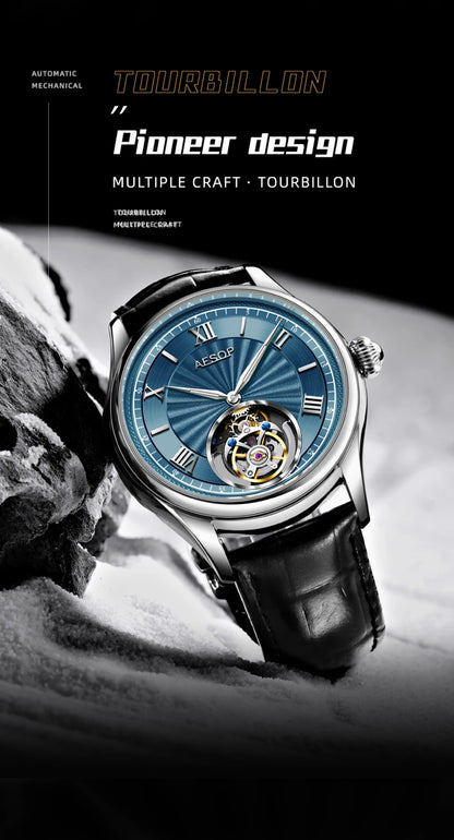 AESOP Mens Mechanical Wristwatches Flying Tourbillon Movement Skeleton Watch for Men Man Luxury Clocks Real Tourbillon Watch