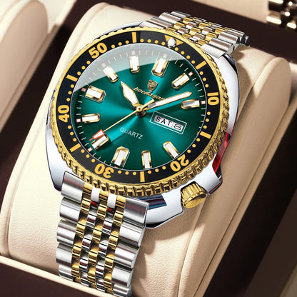 Montre homme POEDAGAR de luxe, style business, avec date et jour de la semaine, étanche et lumineuse, en acier inoxydable et à quartz.