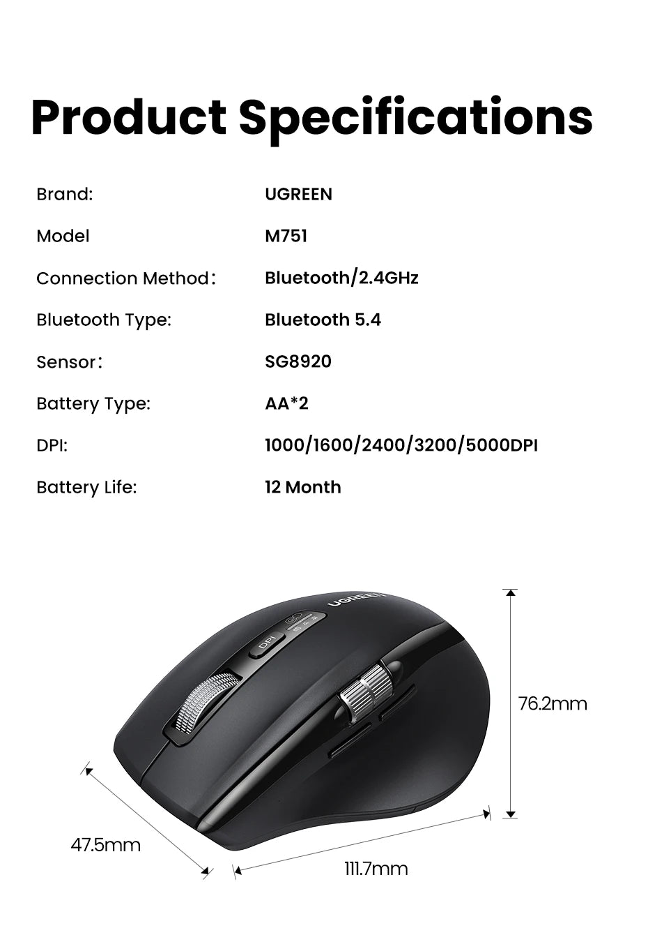 UGREEN  Wireless Mouse Hyper-Fast Scroll Bluetooth 5.4 2.4G Ergonomic 5000DPI for MacBook Tablet Laptops Computer PC Mice
