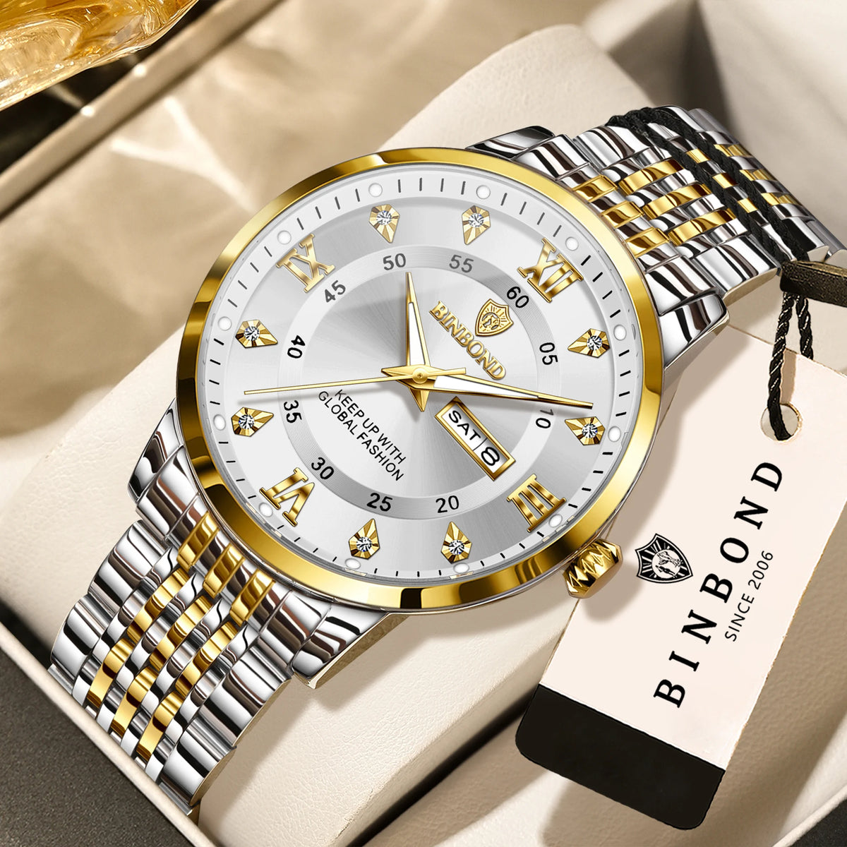 Reloj de pulsera de cuarzo de lujo BINBOND para hombre: resistente al agua, luminiscente y con indicador del día de la semana; estilo ejecutivo, deportivo, de moda y desenfadado