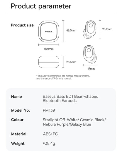Baseus Bass BD1 Wireless Earphones Bluetooth 5.4 Mini Bean Earbuds 38H Playtime IP55 Waterproof Sports Headphones