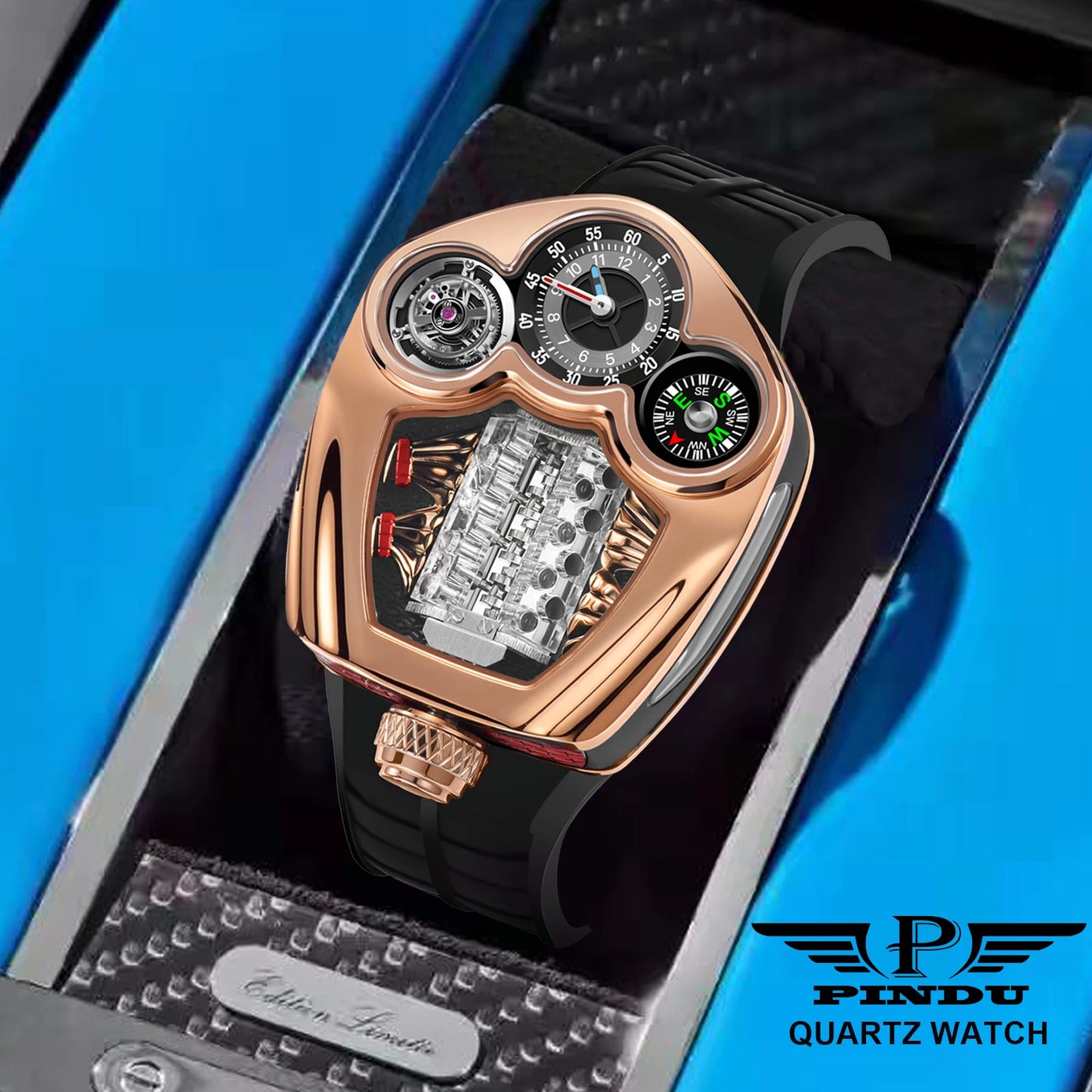 PINDU Design NEW Engine Series Quartz Watch Men's Top-Luxurious Stainless Steel Compass Waterproof Swiss Quartz 762 Movement Watch