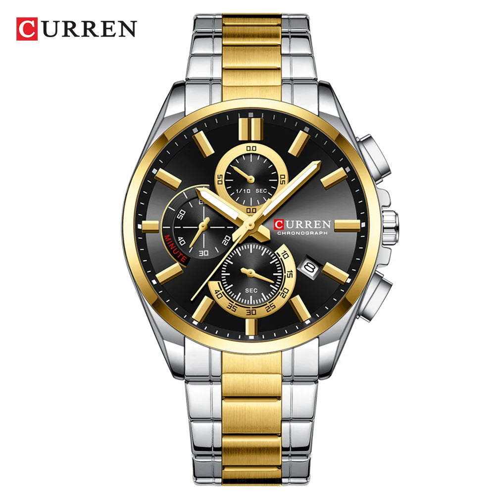 CURREN Men's Stainless Steel Chronograph Watches with Luminous Hands,Triple Sub-Dials Auto Date Fashion Design Quartz Wristwatch