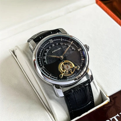 Reloj mecánico automático para hombre: elegante diseño calado, estilo «business casual» de moda, caja de aleación y correa de piel, sin pila