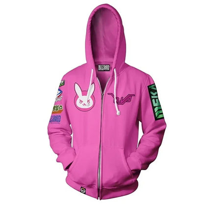 Anime stiliaus žaidimo džemperis su gobtuvu, 3D spauda, „Overwatches“ DVA DJ cosplay kostiumas, moterims, vyrams ir poroms, viršutinė striukė su gobtuvu