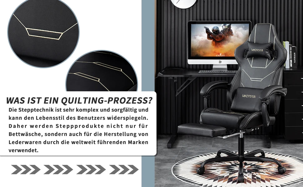 WOTSTA Gaming Stuhl Ergonomisch Gaming Chair Bürostuhl mit Fußstütze Racing Computerstuhl Höhenverstellbar Gepolstert Computerst