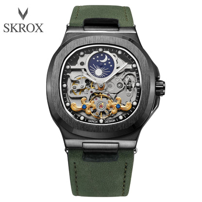 2025High-end Luxury SKROX Square Man Watch Sapphire Tourbillon Steel Skeleton Moon Phase Automatic Movement Leather Male Watches
