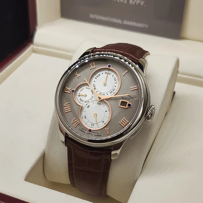 Luxury Brand BORMAN Automatic Mechanical Men's Watches Sapphire 50M Waterproof Multi-function Dial Retro Leather Clocks BM18011