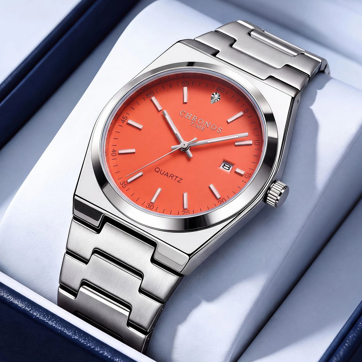 Montre à quartz pour homme CHRONOS – Bracelet en acier inoxydable, étanche, aiguilles luminescentes, affichage de la date – Idéale pour le travail, le sport ou au quotidien