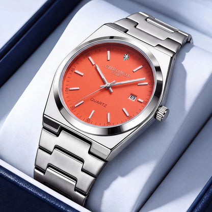 Montre à quartz pour homme CHRONOS – Bracelet en acier inoxydable, étanche, aiguilles luminescentes, affichage de la date – Idéale pour le travail, le sport ou au quotidien