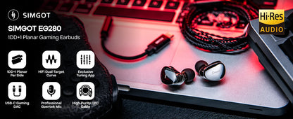 SIMGOT EG280 In Ear Monitor 1DD+1 Planar HiFi IEM Wired Gaming Earphone with Detachable 2Pin OFC Cable Optimized for HiFi&Gaming
