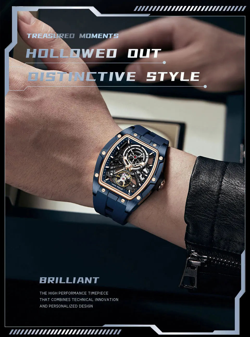 MINI FOCUS Men Wristwatch Fashion Black Waterproof Automatic Mechanical Watch with Luminous Hands Silicone Strap Tonneau Dial