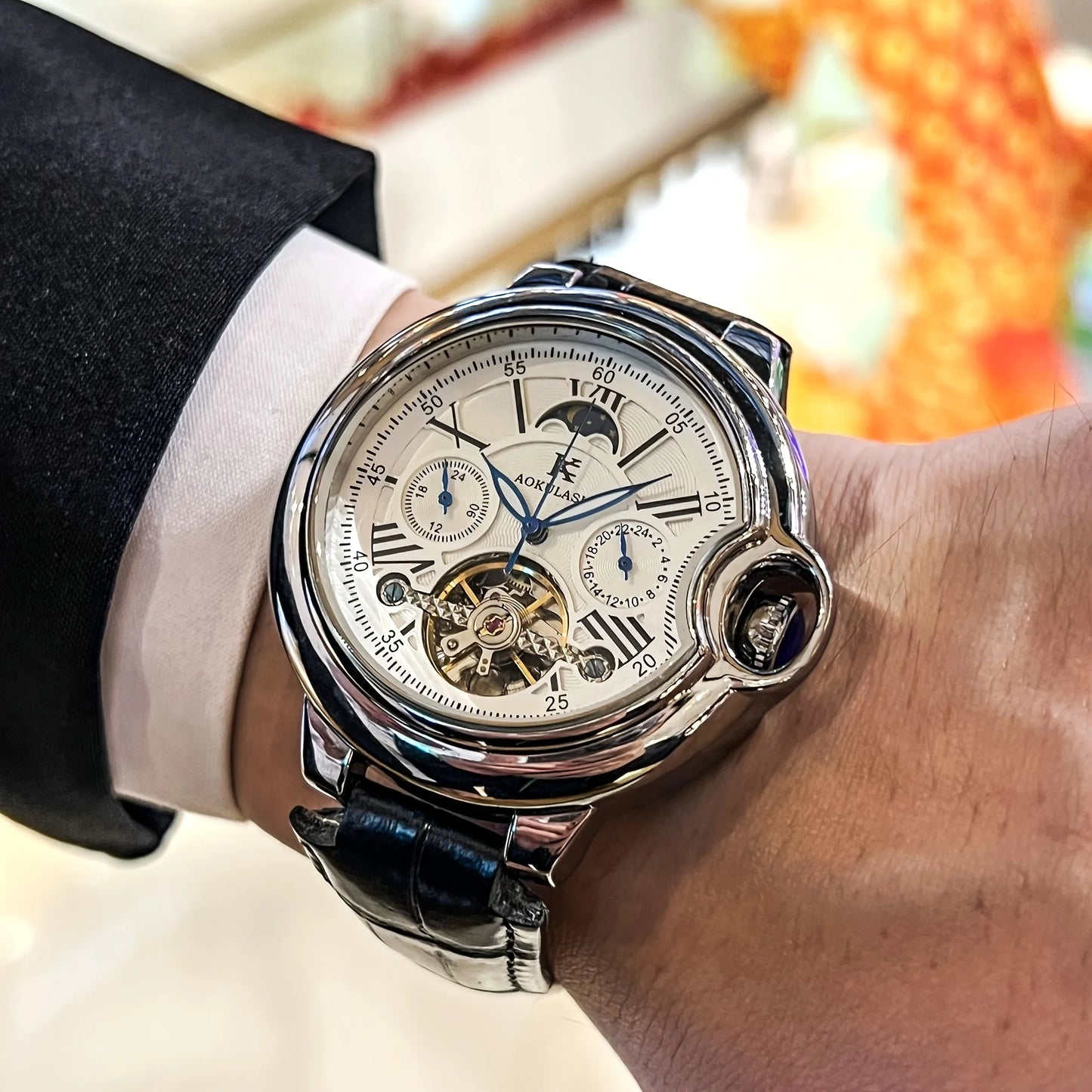 European and American Style Luxury Brand Series of High-End Business Men's Mechanical Watches, Round Dial, Skeleton Design, Automatic Winding, Leather Strap, Multi-Function Display, Tourbillon Men's Watch, Fashionable Accesso