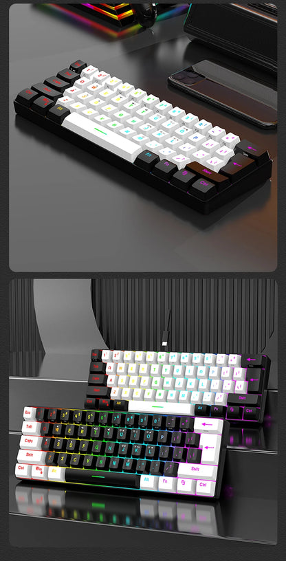 60% compact wired keyboard with 61 key membrane layout, RGB backlighting, ergonomic design, small and portable office computer