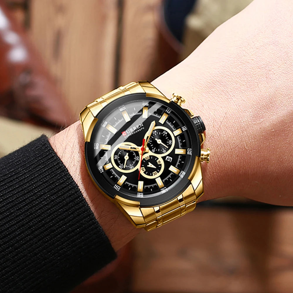 Pánské chronografové hodinky CURREN, velký ciferník o průměru 48 mm, náramek z nerezové oceli, tři pomocné ciferníky, sportovní náramkové hodinky s quartzovým strojkem, luxusní styl