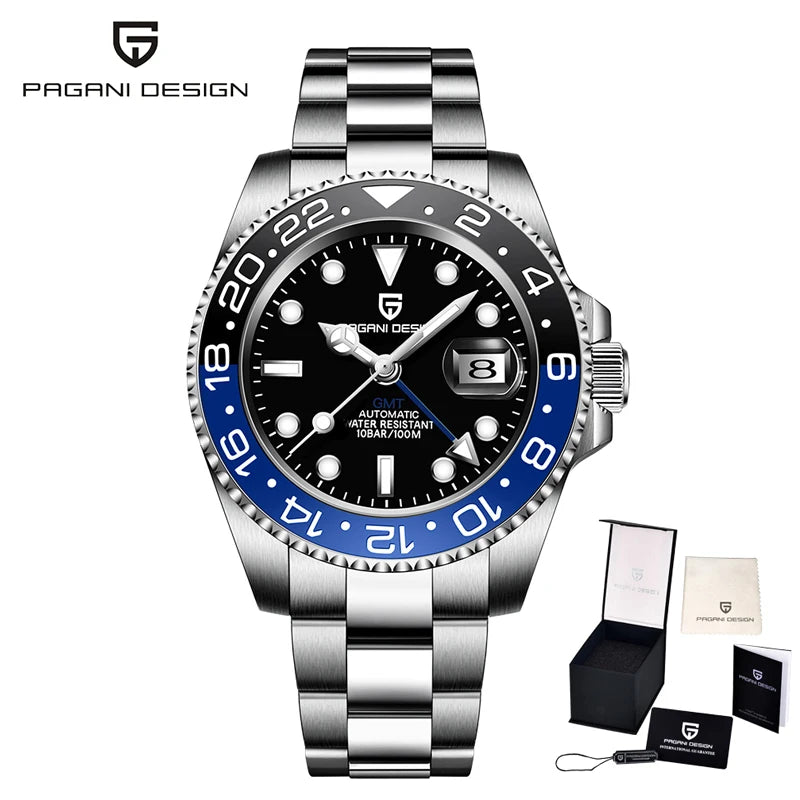 Montre mécanique pour homme Pagani Design GMT – Modèle de luxe avec verre saphir, boîtier en acier inoxydable et lunette en céramique – Montre automatique pour homme, style professionnel