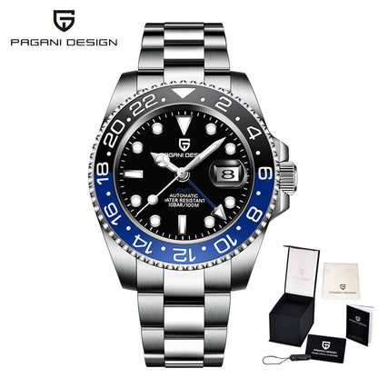 Montre mécanique pour homme Pagani Design GMT – Modèle de luxe avec verre saphir, boîtier en acier inoxydable et lunette en céramique – Montre automatique pour homme, style professionnel