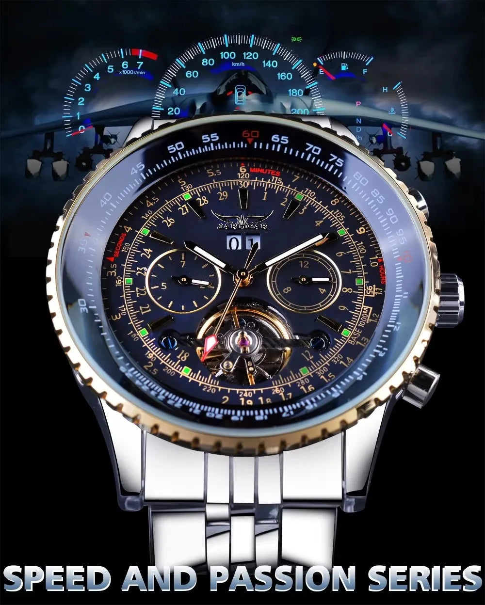 Montre mécanique automatique rétro de luxe JARAGAR 034, tourbillon, squelette creux, acier inoxydable, calendrier de la semaine, montre pour homme