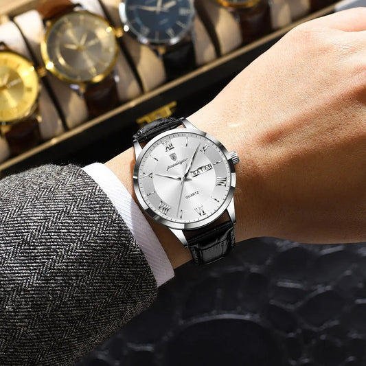 Reloj de hombre de última tendencia POEDAGAR, correa de piel, fecha y día de la semana, reloj de cuarzo de lujo, resistente al agua, luminiscente, estilo business informal.