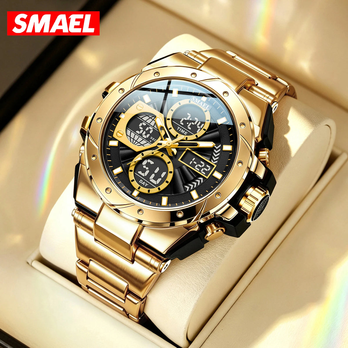 Reloj para hombre SMAEL 8160 – Modelo deportivo militar, analógico y digital, de acero inoxidable – Resistente al agua, con pantalla LED, alarma, cronógrafo y cronómetro