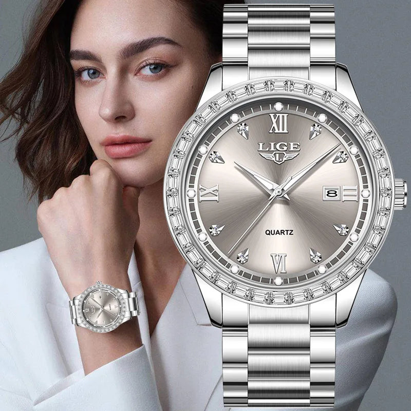 LIGE elegant women's watch Fashion waterproof clock luminous stainless steel business quartz watch for Women reloj de mujer+BOX