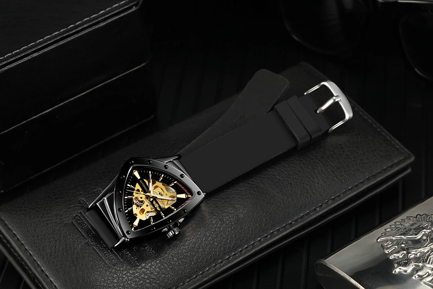 WINNER High Quality Watch for Men Triangle Steel Skeleton Mechanical Automatic Movement Clockwork Waterproof Rubber strap Wrist