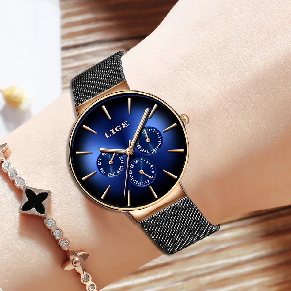 Reloj de mujer LIGE, elegante y a la última: estilo deportivo e informal, correa de malla, mecanismo de cuarzo, indicador de fecha y día, resistente al agua.