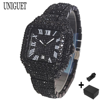 UNIGUET Cool Men's Watch Luxury Stainless Steel Quartz Watch Hip Hop Black Diamond Square Design Fashion Iced Wristwatch for Men