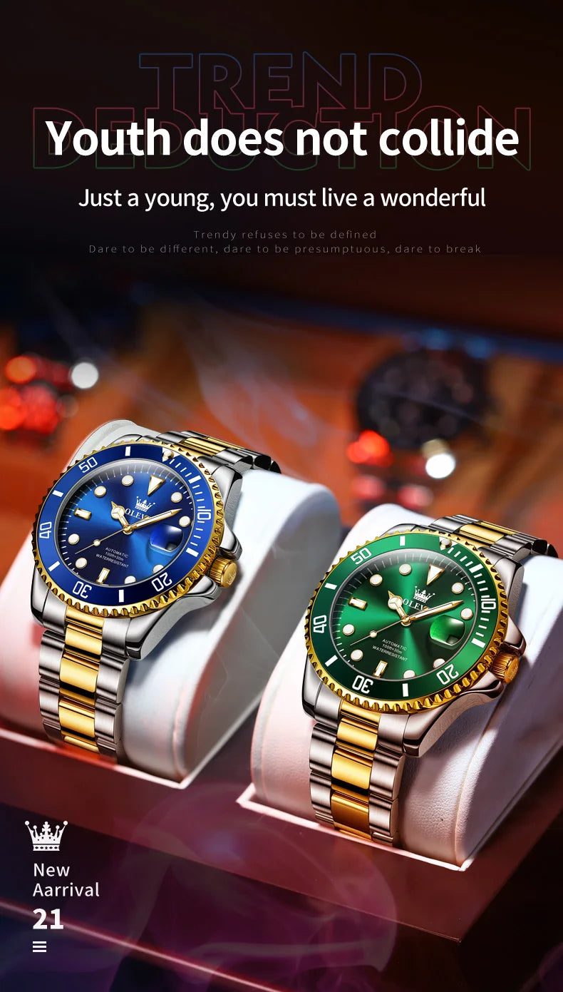 OLEVS 6650 Men Watch Classic Original Automatic Mechanical Watch For Man Zircon Scale Waterproof Luminous Stainless Steel Watch