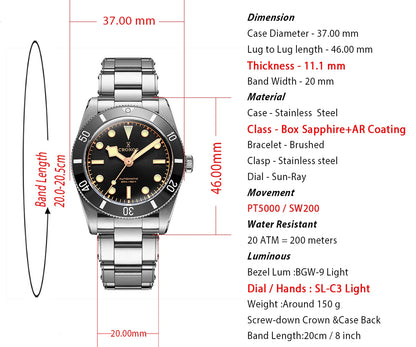Cronos Luxury Men's Watches 37mm Diver BB54 Vintage Automatic Matt/ Aluminum Bezel Female End Links Sapphire 20 Bar L6033 M