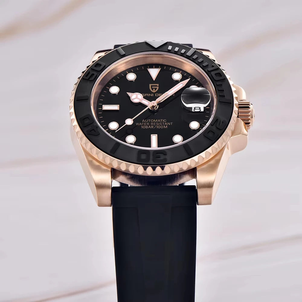 PAGANI DESIGN Automatic Watch Rose Gold Diver Watch 100M Waterproof Luxury Sport Wristwatch Black Rubber Strap Relogio Masculino