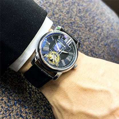 Reloj mecánico automático para hombre: elegante diseño esqueleto, estilo «business casual» de moda, caja de aleación y correa de piel, sin pila