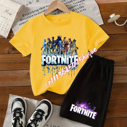 Sommerliches Fortnite-Kinder-Set: T-Shirt und Shorts, 2-teilig, Anime-Design, kurzärmelig, aus Baumwolle, lässige Sportbekleidung, Geschenkidee