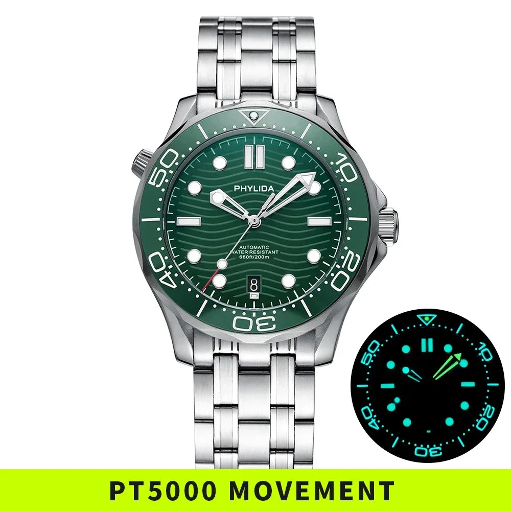 PHYLIDA New Green Dial PT5000 MIYOTA Automatic Watch DIVER 200M Sapphire Crystal Solid Bracelet WR 20Bar