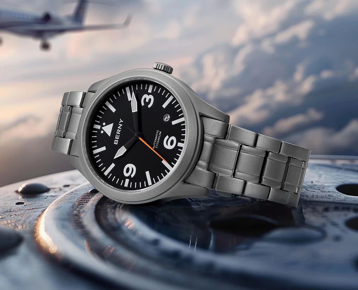 BERNY Aviation Top Titanium Mechanical Men Watch Sapphire AR Coating Supper Luminous 10Bar Sport Watch Titanium Aviation Watches