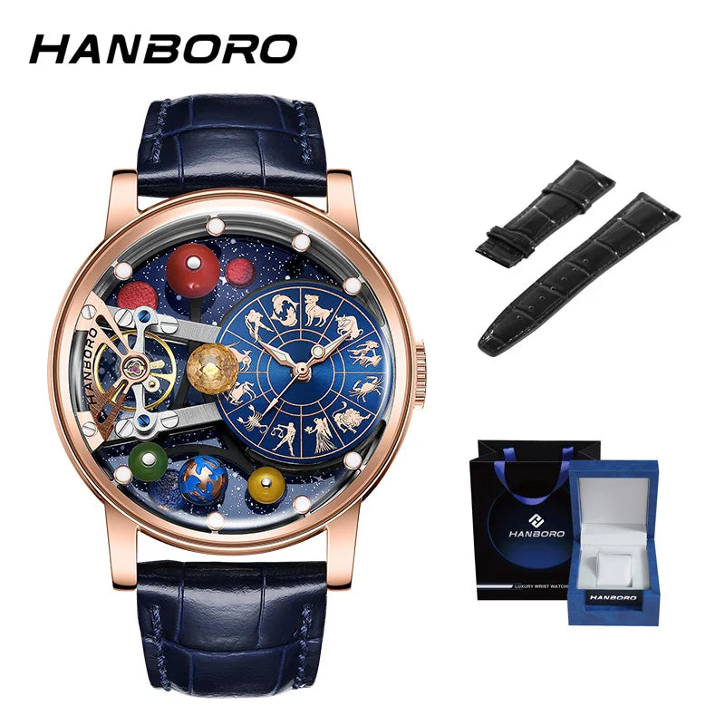 Montre mécanique automatique pour homme, modèle « Ciel étoilé » : design squelette, style constellation, boîtier en acier inoxydable, affichage en relief, fonction luminescente et étanchéité.
